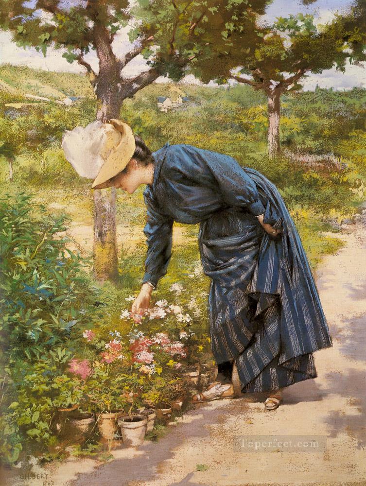 Lady In A Garden genre Victor Gabriel Gilbert Oil Paintings